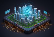 Private AI nel building: l’innovazione sicura per le costruzioni italiane Illustrazione di un microchip con una città in miniatura e l’icona ‘AI’ al centro, a simboleggiare l’integrazione della private AI nel building