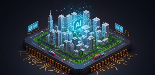 Illustrazione di un microchip con una città in miniatura e l’icona ‘AI’ al centro, a simboleggiare l’integrazione della private AI nel building