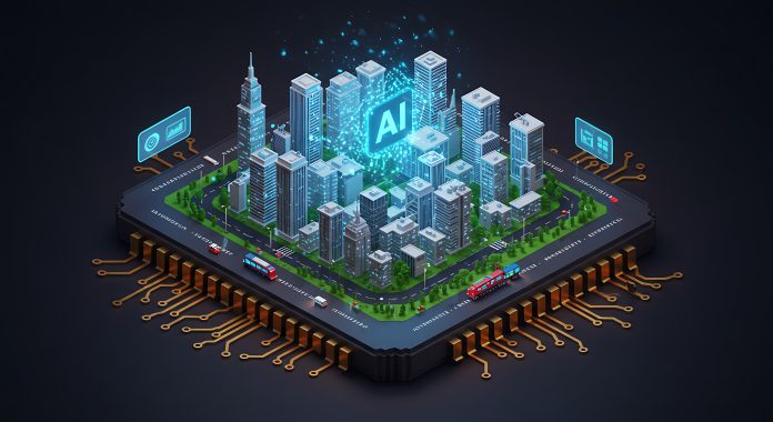 Illustrazione di un microchip con una città in miniatura e l’icona ‘AI’ al centro, a simboleggiare l’integrazione della private AI nel building