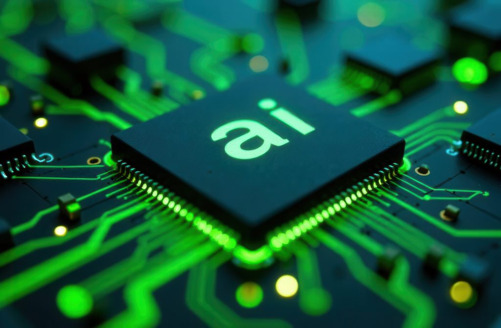 Microchip con la scritta “AI” su una scheda elettronica verde, simbolo di Private AI nel manufacturing