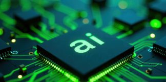 Microchip con la scritta “AI” su una scheda elettronica verde, simbolo di Private AI nel manufacturing