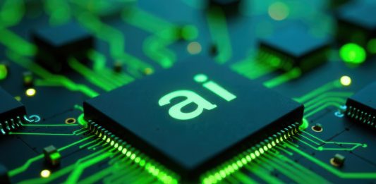 Microchip con la scritta “AI” su una scheda elettronica verde, simbolo di Private AI nel manufacturing
