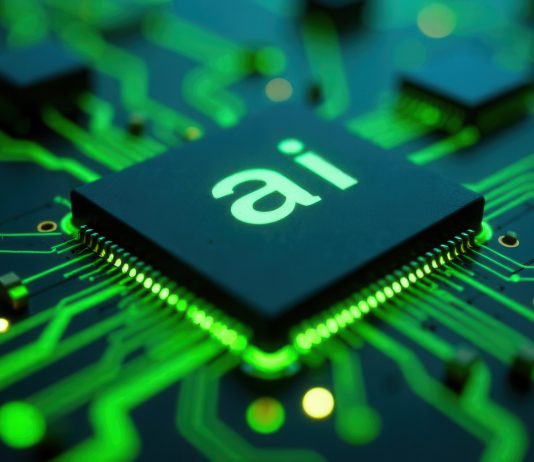 Microchip con la scritta “AI” su una scheda elettronica verde, simbolo di Private AI nel manufacturing