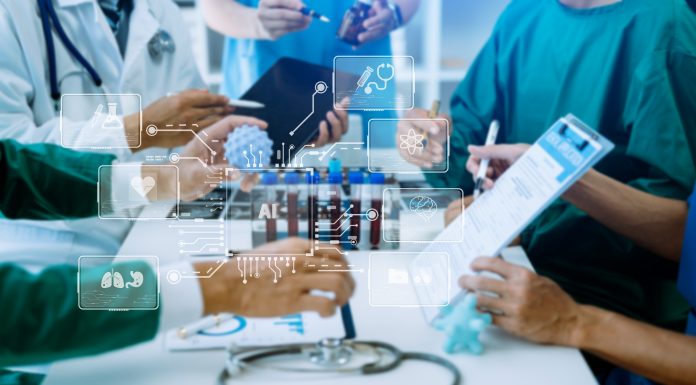 Professionisti sanitari che analizzano dati clinici con icone digitali di AI sovrapposte, illustrando il concetto di private AI in sanità