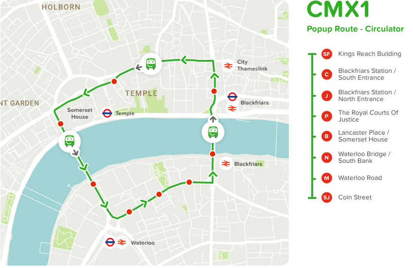 La linea CMX1 creata per il Citymapper Smartbus, nel centro di Londra