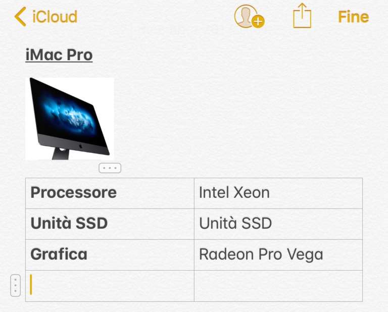 tabella in Note di iOS 11