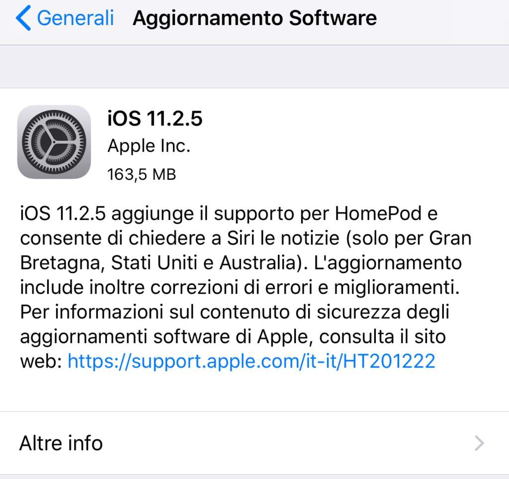 iOS 11.2.5 aggiornamento software per iPhone e iPad