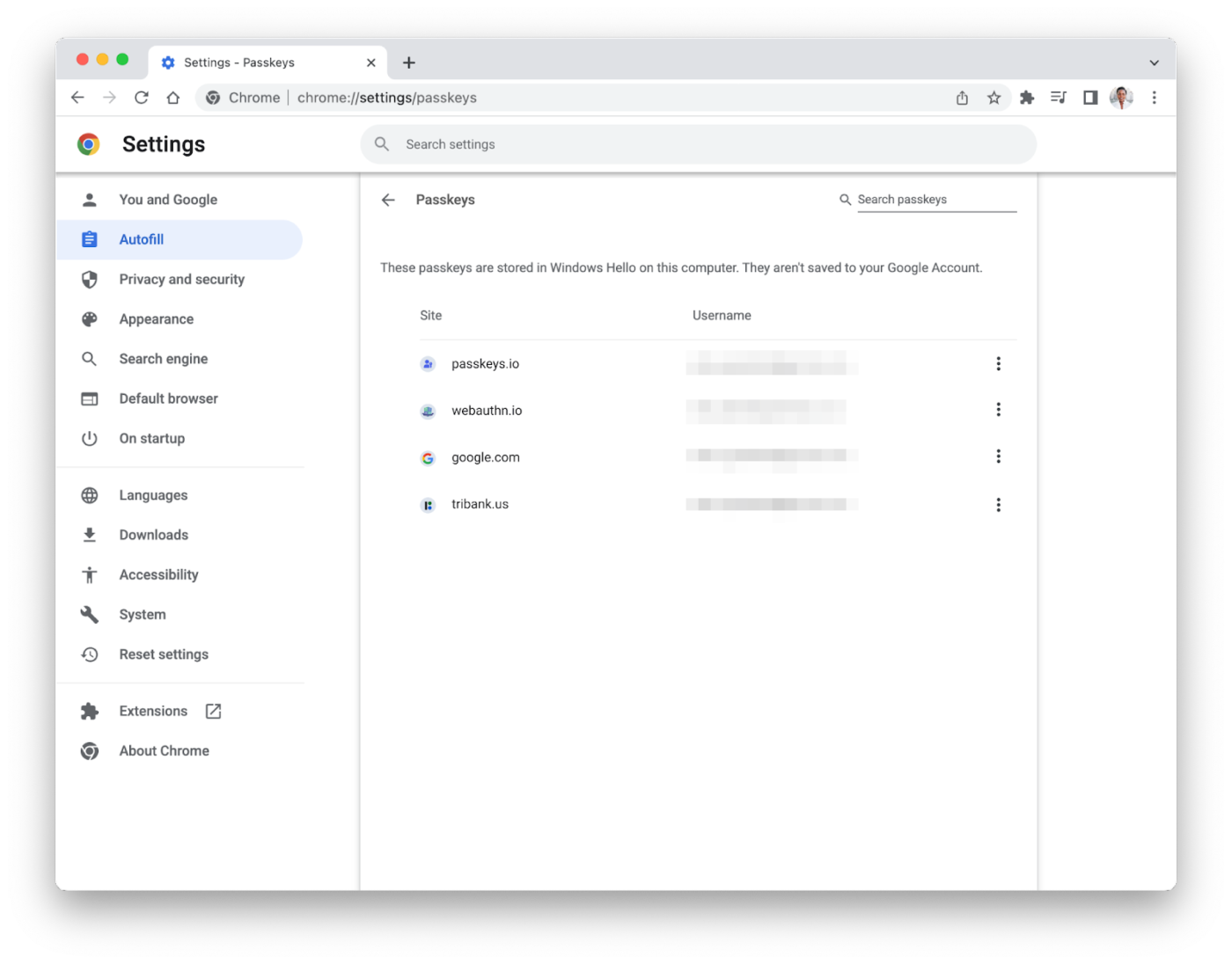 Google Chrome passkey