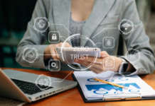 Zero trust security concept Person using computer and tablet wit