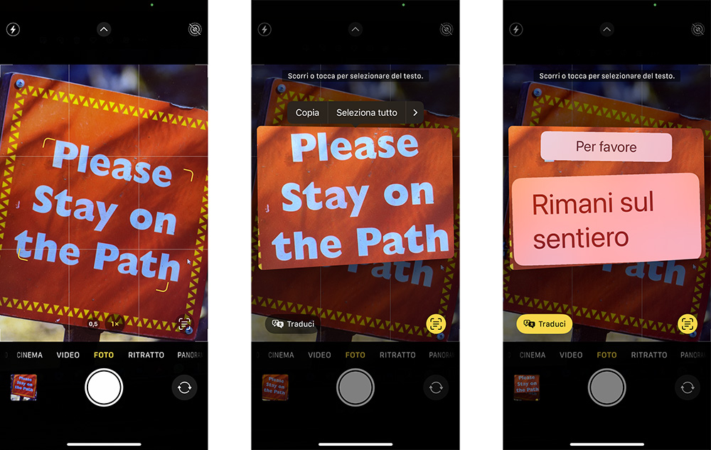 testo attivo iPhone fotocamera