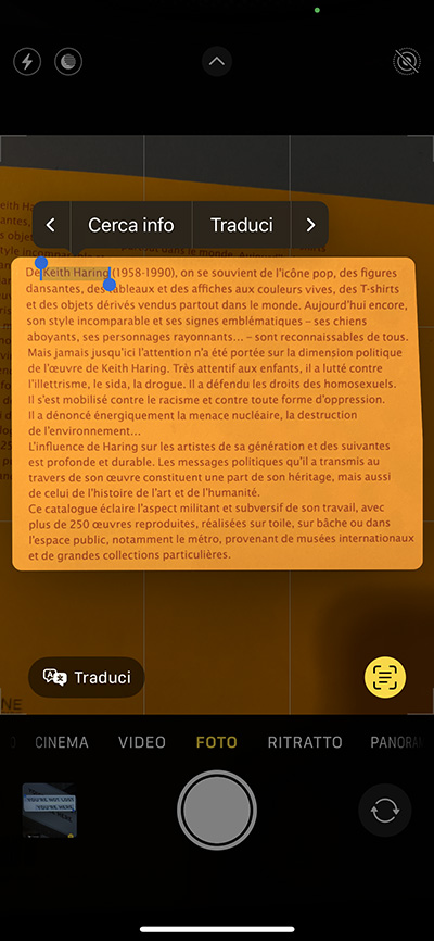 testo attivo iPhone fotocamera