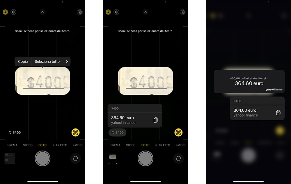 testo attivo iPhone fotocamera