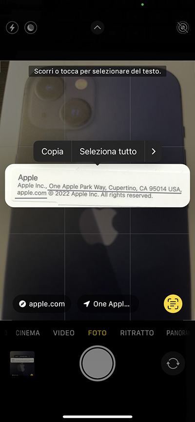 testo attivo iPhone fotocamera