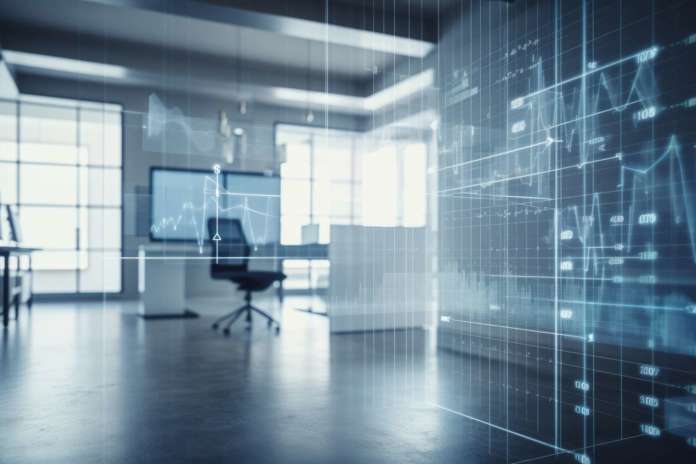 A modern office background serves as the perfect canvas for an abstract virtual stats data hologram, created through multi-exposure techniques huawei adobe stock