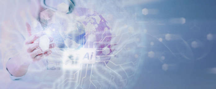 Businessman wearing virtual reality goggles in modern office wit