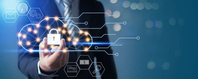 Cloud Server computing security, businessman hand and holding lo