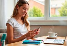 Dispositivi ricondizionati: iovane donna soddisfatta mentre usa uno smartphone accanto a un laptop e una tazza di caffè, simbolo dei vantaggi degli apparecchi ricondizionati nella vita quotidiana