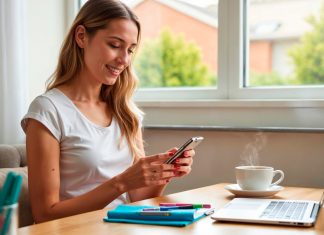 Dispositivi ricondizionati: iovane donna soddisfatta mentre usa uno smartphone accanto a un laptop e una tazza di caffè, simbolo dei vantaggi degli apparecchi ricondizionati nella vita quotidiana