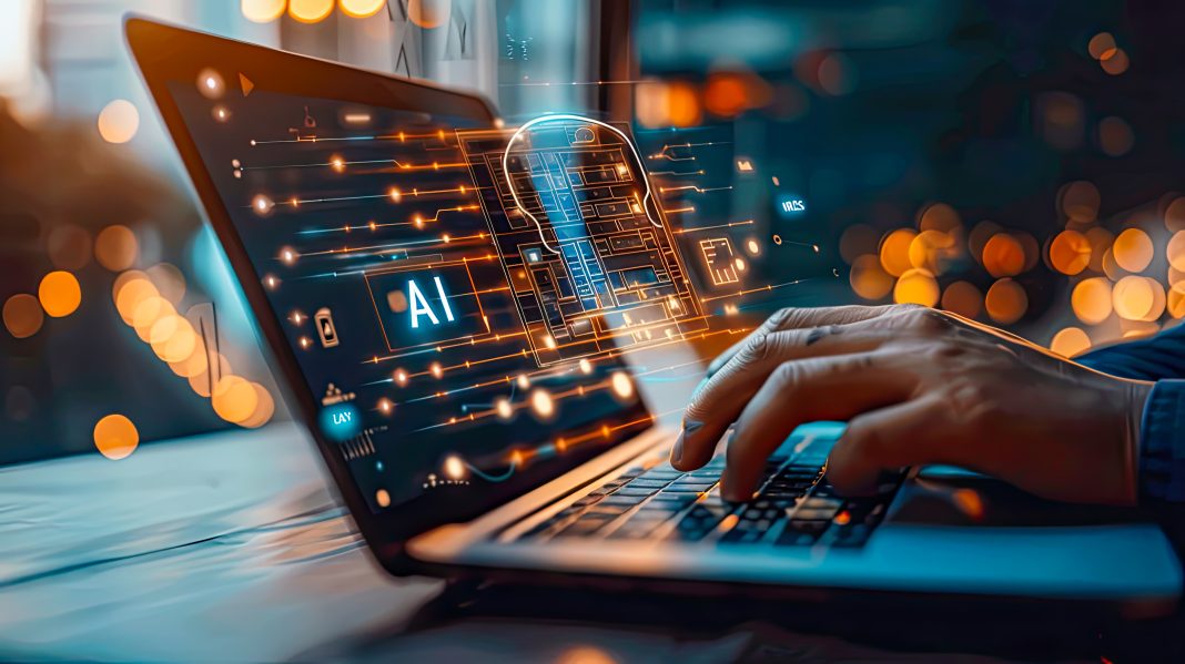 Private AI Adobestock 897389797 Mani che digitano su un laptop con interfaccia digitale futuristica e ologramma di intelligenza artificiale, simboleggiante Private AI, in un ambiente illuminato da luci soffuse e bokeh
