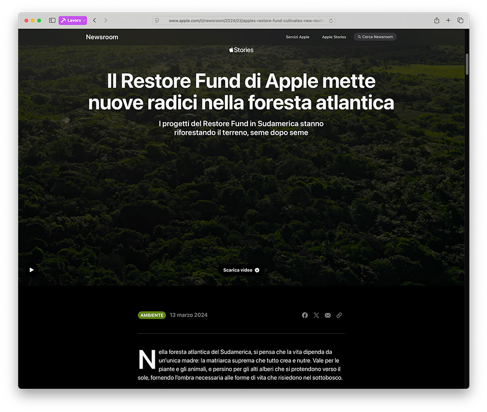 Riepilogo pagina web Safari Mac