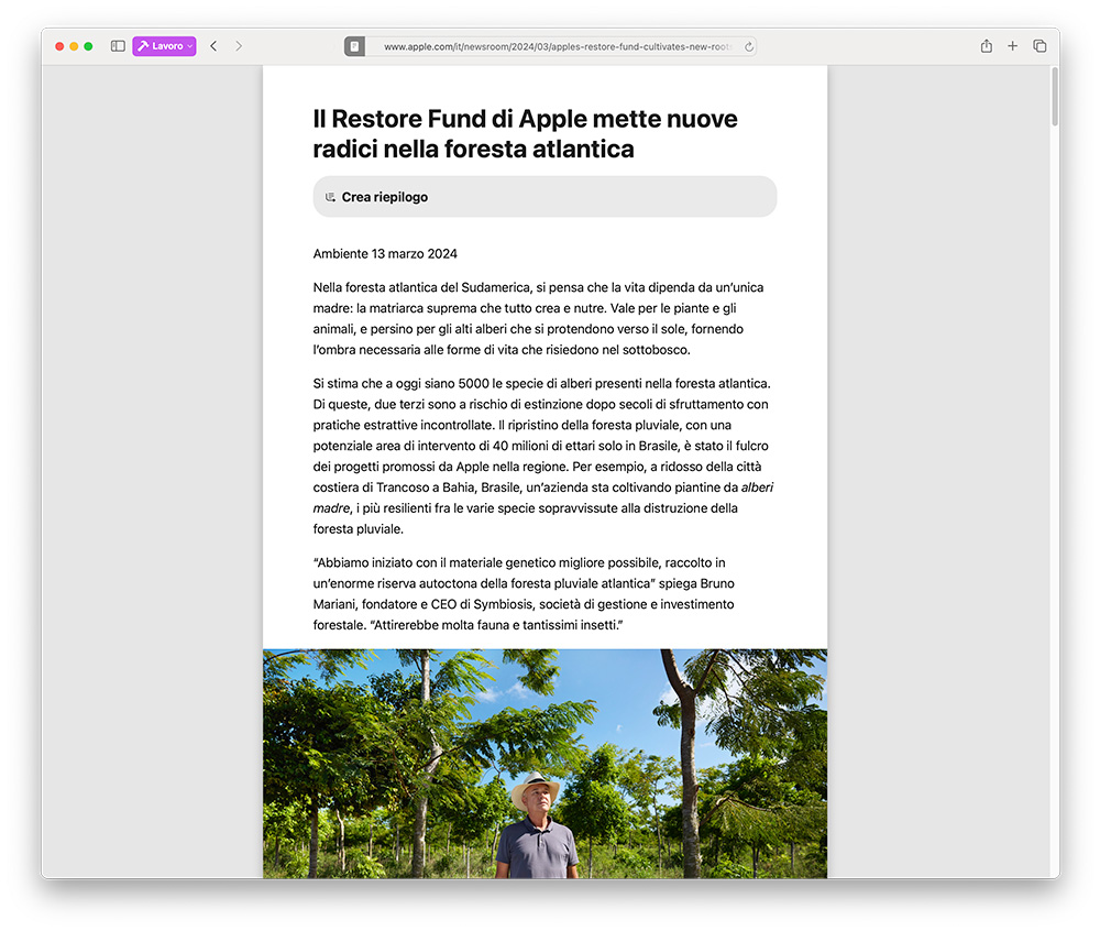 Riepilogo pagina web Safari Mac