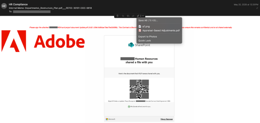 Un'e-mail di phishing con codice QR che impersona i marchi Microsoft e Adobe