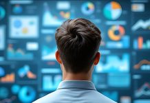 Gestione documentale in cloud: la guida per i decision maker Un professionista osserva da vicino un grande schermo digitale con grafici e dashboard interattivi, rappresentazione visiva dei processi di analisi e gestione documentale in cloud per migliorare produttività, sicurezza dei dati e collaborazione aziendale