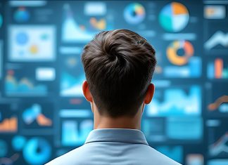 Un professionista osserva da vicino un grande schermo digitale con grafici e dashboard interattivi, rappresentazione visiva dei processi di analisi e gestione documentale in cloud per migliorare produttività, sicurezza dei dati e collaborazione aziendale