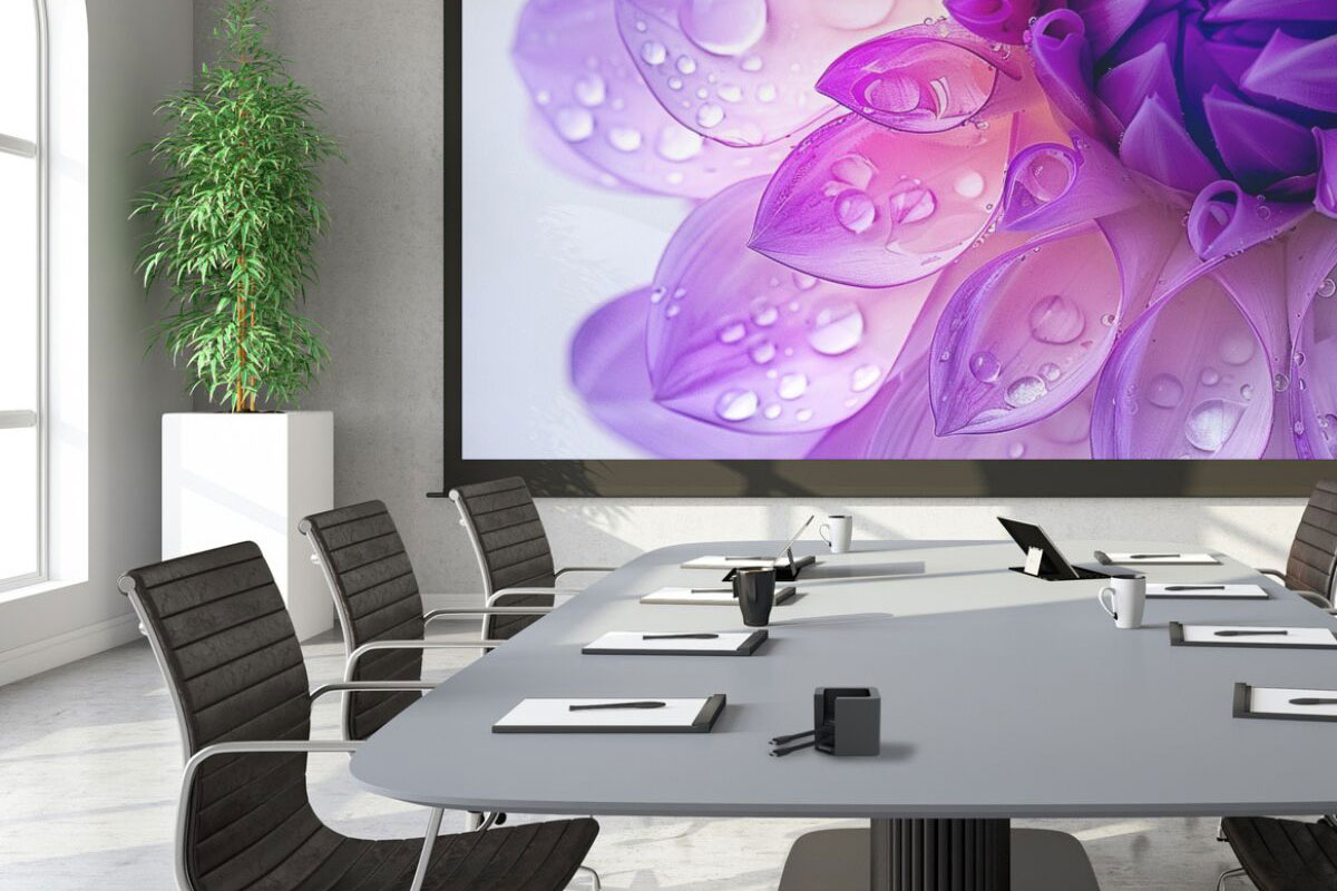 Sala riunioni moderna con grande schermo in video HD che mostra un’immagine ad alta definizione, pronta per presentazioni professionali con sistema wireless Marmitek.