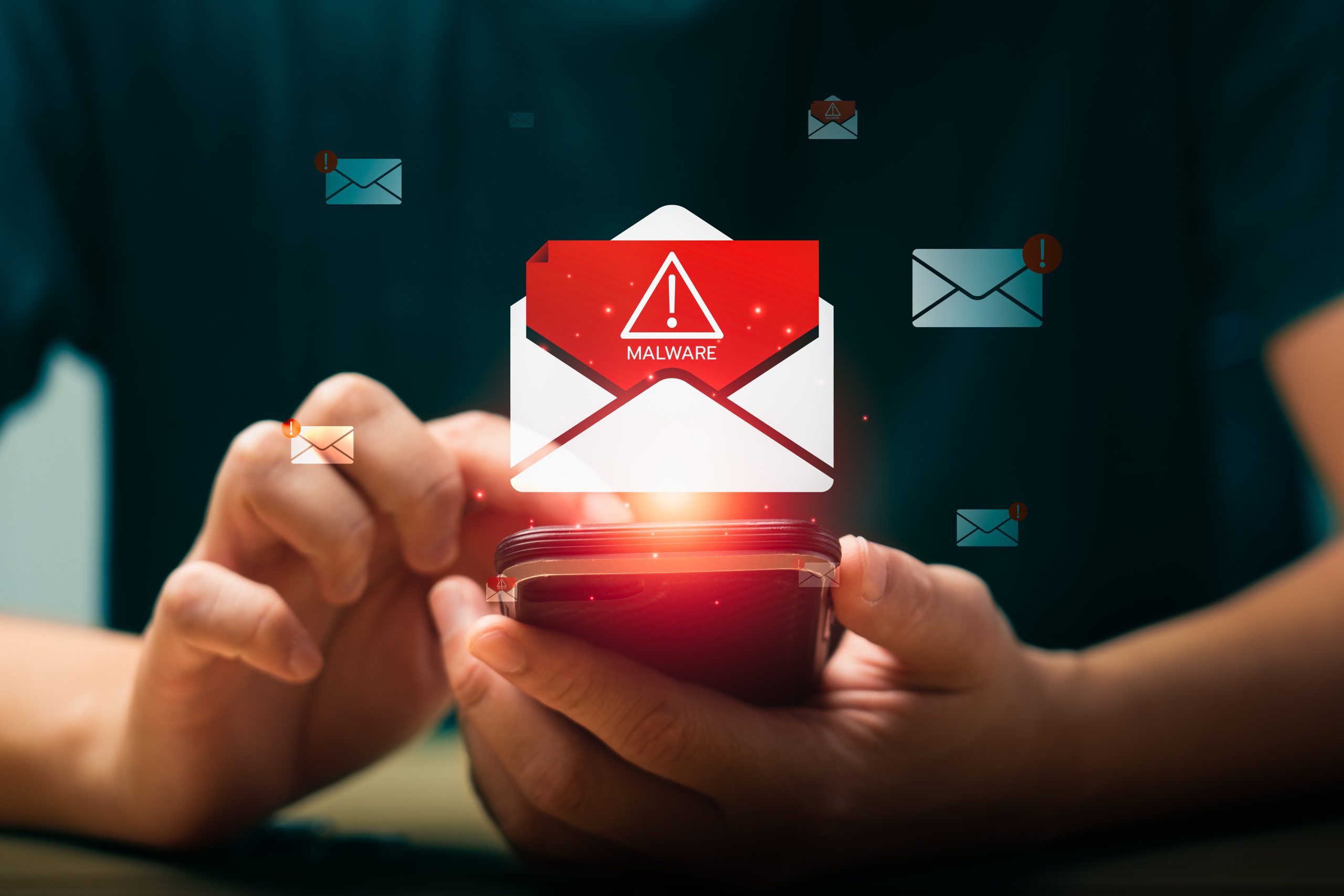 Persona che utilizza uno smartphone mentre compare un’icona di allerta malware su un’email, simbolo dei rischi legati al phishing e alla necessità del test del dominio per proteggere l’identità digitale aziendale
