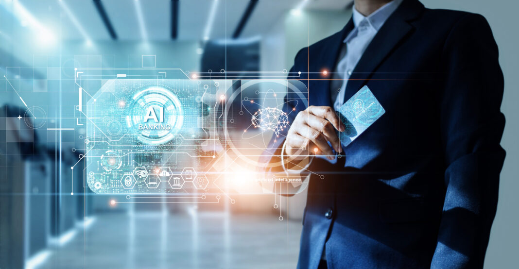 Artificial Intelligence (AI) & Banking, The Future of Banking and Smart Financial Technologies for business. Uomo d'affari in un ambiente futuristico utilizza un'interfaccia olografica di AI Banking con una carta, simboleggiando l'innovazione nei servizi finanziari e la riconciliazione bancaria automatizzata