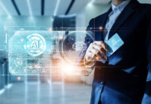 AI nei processi amministrativi: come cambia la riconciliazione bancaria nelle imprese Uomo d'affari in un ambiente futuristico utilizza un'interfaccia olografica di AI Banking con una carta, simboleggiando l'innovazione nei servizi finanziari e la riconciliazione bancaria automatizzata