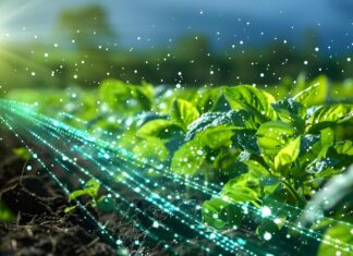 L’architettura del dato nell’agrifood: vince sul campo chi integra gestionali e capacità previsionale Agrifood e digitalizzazione della filiera: un campo coltivato con piantine verdi attraversato da flussi luminosi di dati digitali e particelle di luce sotto i raggi del sole