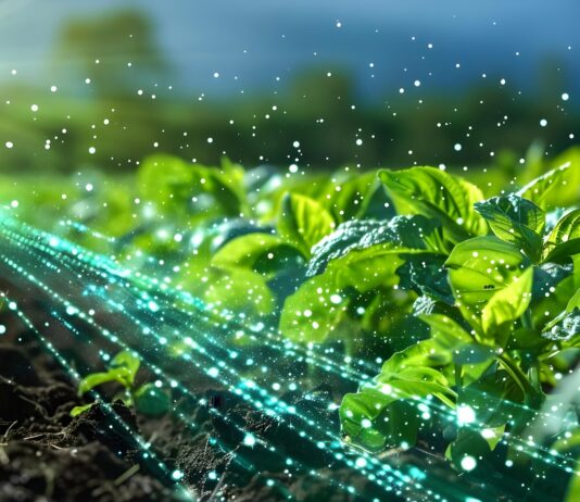 L’architettura del dato nell’agrifood: vince sul campo chi integra gestionali e capacità previsionale Agrifood e digitalizzazione della filiera: un campo coltivato con piantine verdi attraversato da flussi luminosi di dati digitali e particelle di luce sotto i raggi del sole