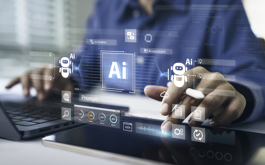 AI Artificial Intelligence technology for data analysis, research, planning, and work generate. Man uses a laptop and AI assistant dashboard. Technology smart robot AI agents and agentic workflows. genya