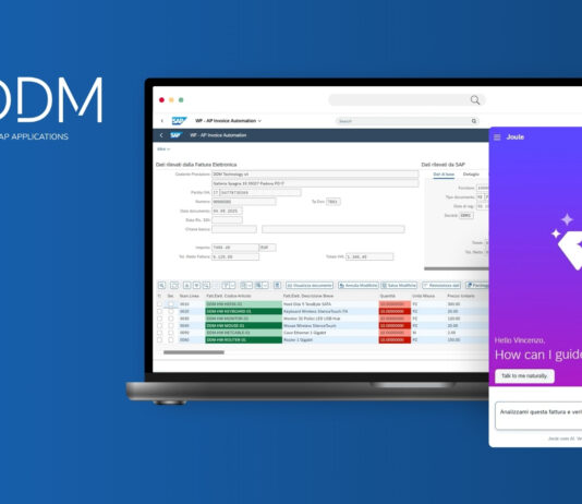 Interfaccia di DDM for SAP Applications visualizzata su un laptop, che mostra l'integrazione tra la gestione documentale e l'AI agentica. La schermata mostra l'automazione delle fatture passive SAP (AP Invoice Automation) a sinistra, con i dati della fattura elettronica e i dettagli delle singole voci. A destra, è visibile l'assistente virtuale AI 'Joule' in un'interfaccia viola sovrapposta, con il testo 'Hello Vincenzo, How can I guide you?' e una richiesta dell'utente per l'analisi della fattura. Il logo DDM è presente nell'angolo in alto a sinistra