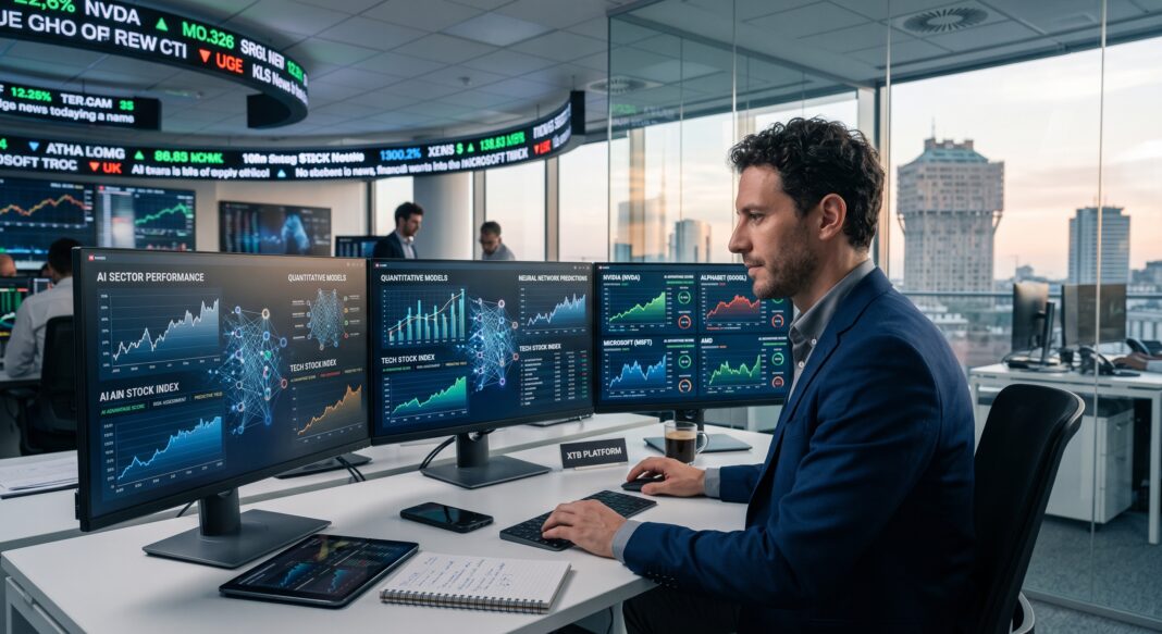 Analista finanziario monitora l'andamento e i grafici di trading delle azioni AI su postazione multi-monitor in sala operativa