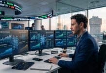 La rivoluzione dell’intelligenza artificiale: quali aziende potrebbero beneficiarne di più Analista finanziario monitora l'andamento e i grafici di trading delle azioni AI su postazione multi-monitor in sala operativa