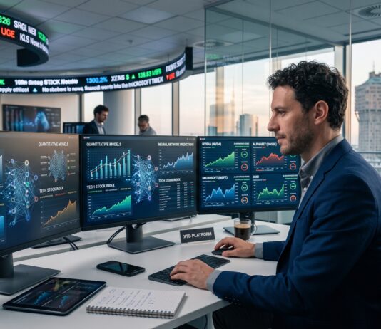 Analista finanziario monitora l'andamento e i grafici di trading delle azioni AI su postazione multi-monitor in sala operativa