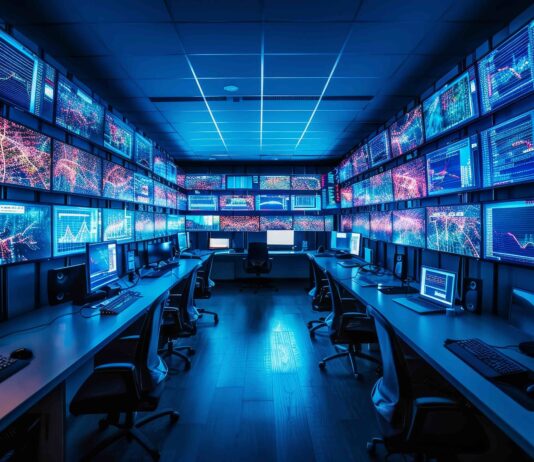 Sala operativa di un Security Operation Center e Risk Operation Center con monitor di controllo e analisi dati per la gestione del rischio e approccio CTEM