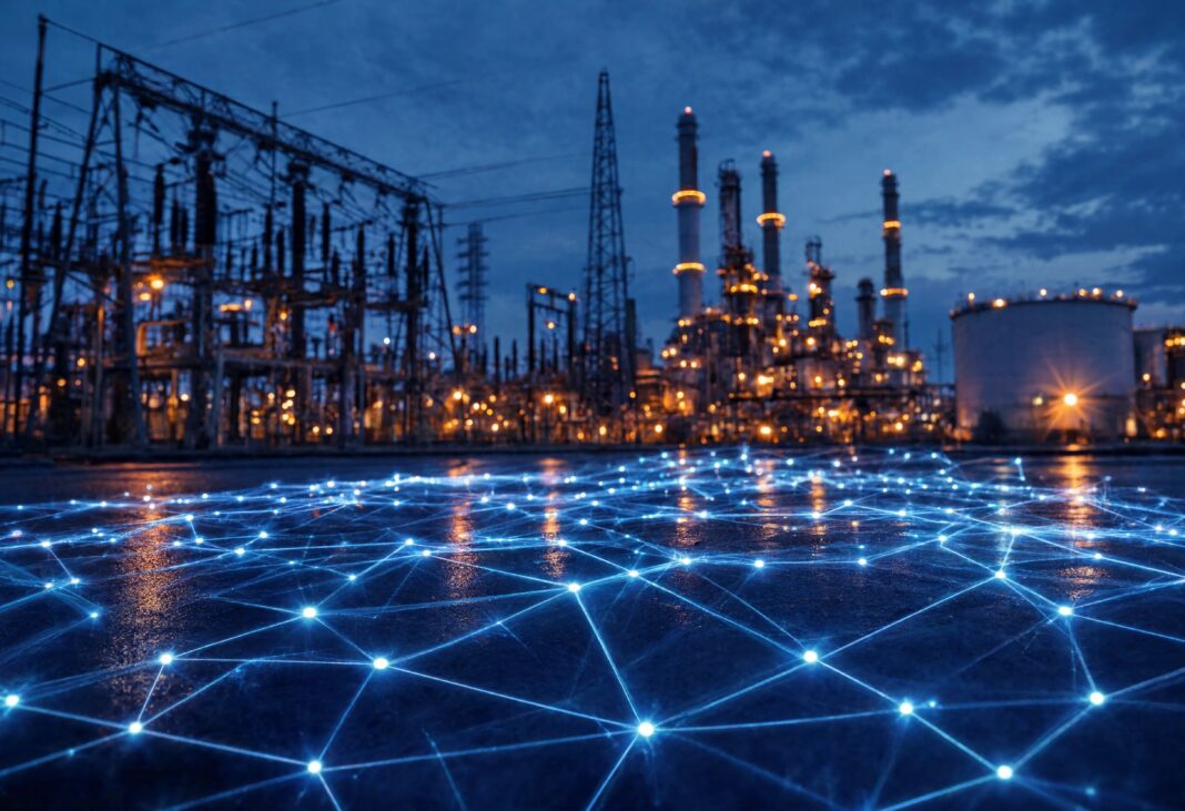 Rete digitale infrastruttura energetica AdobeStock_2175730340 Rete digitale luminosa sovrapposta a un impianto industriale e infrastruttura energetica notturna per la convergenza IT e OT e la protezione MDR per il midmarket