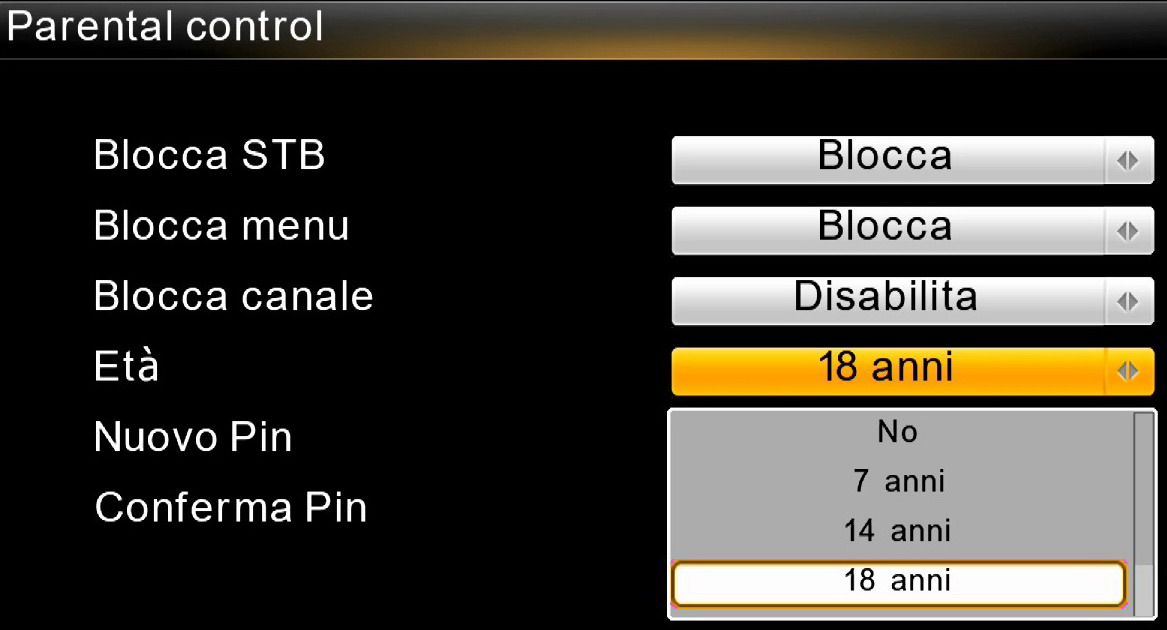Impostazione del Parental Control per proteggere il decoder, l’accesso al menu e la visione dei programmi vietati ai minori di 18 anni