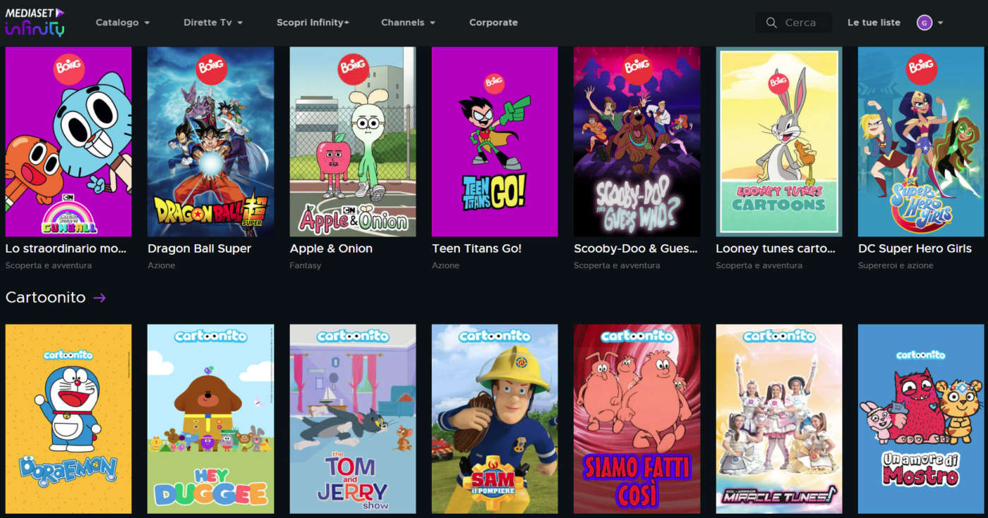 Mediaset Infinity cartoni animati