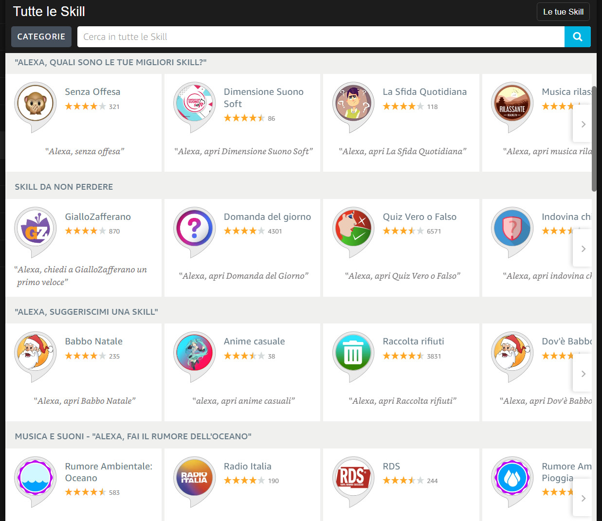 Ricerca e selezione delle skill su portale web Alexa