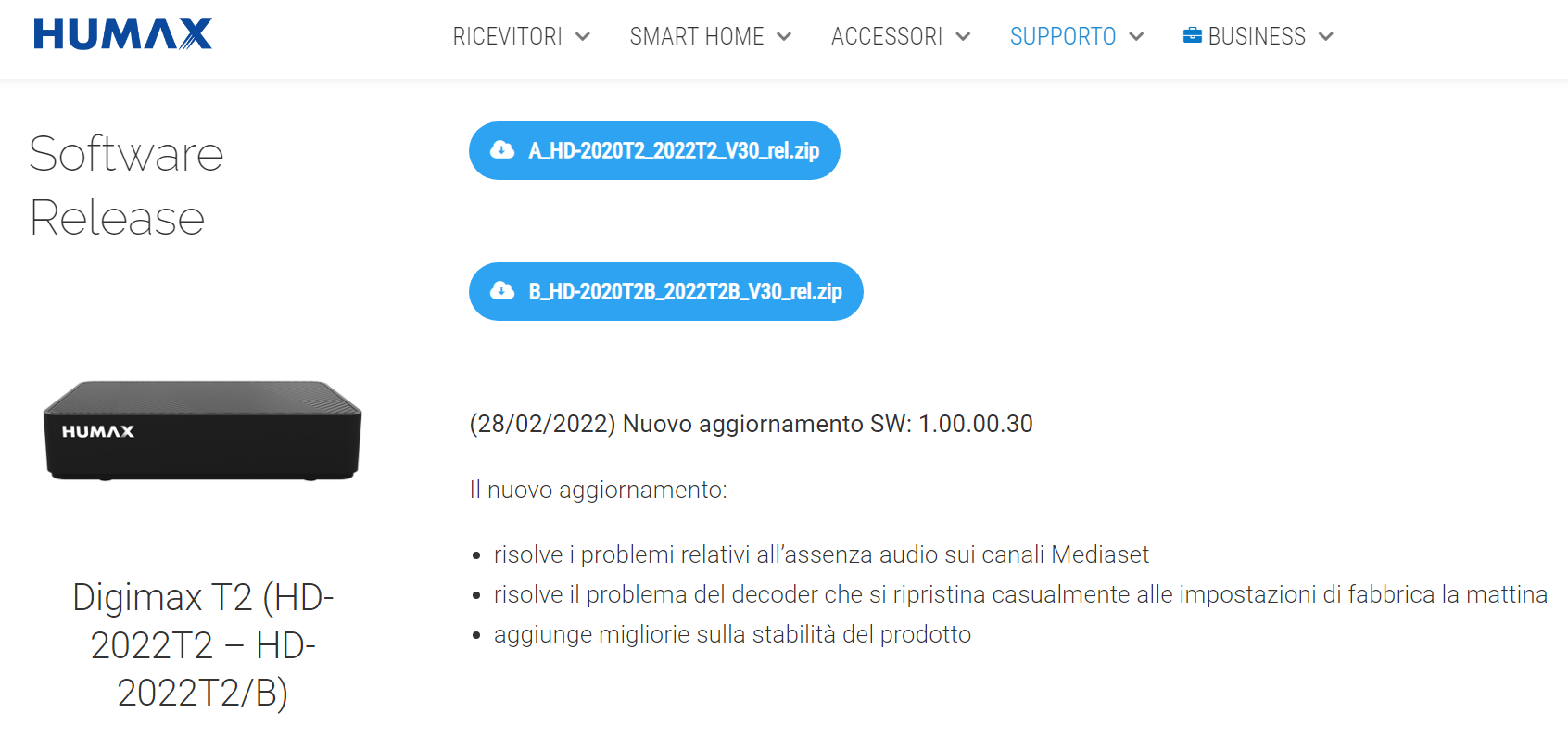 Pagina di download e changelog firmware decoder Humax