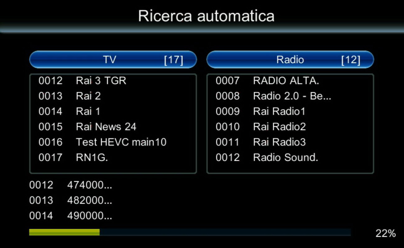 Schermata di ricerca automatica dei canali