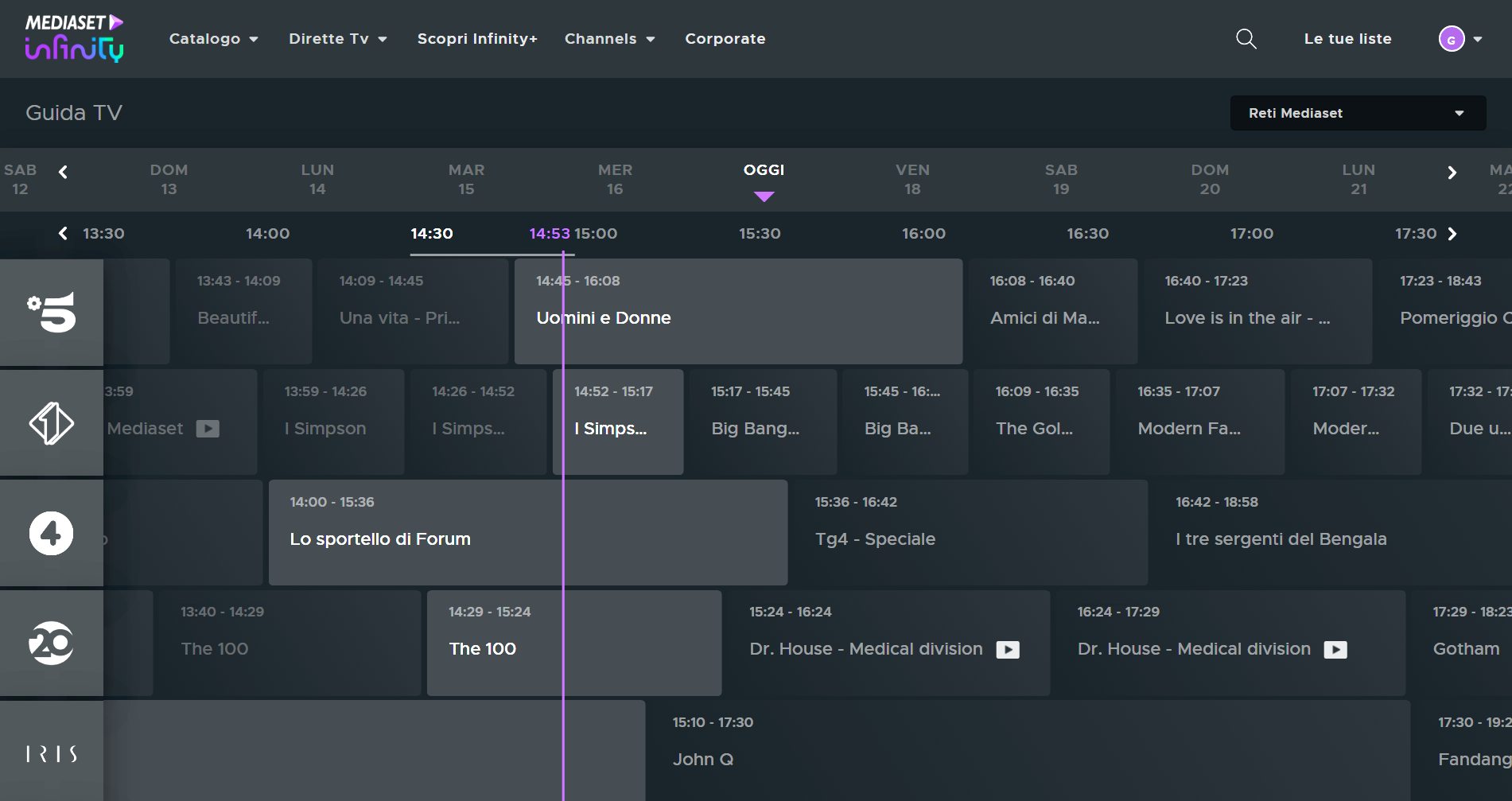 EPG canali Mediaset in streaming