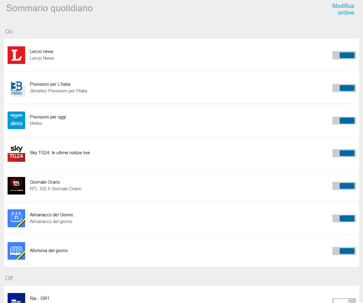 Scelta e ordinamento delle skill per il Sommario Quotidiano