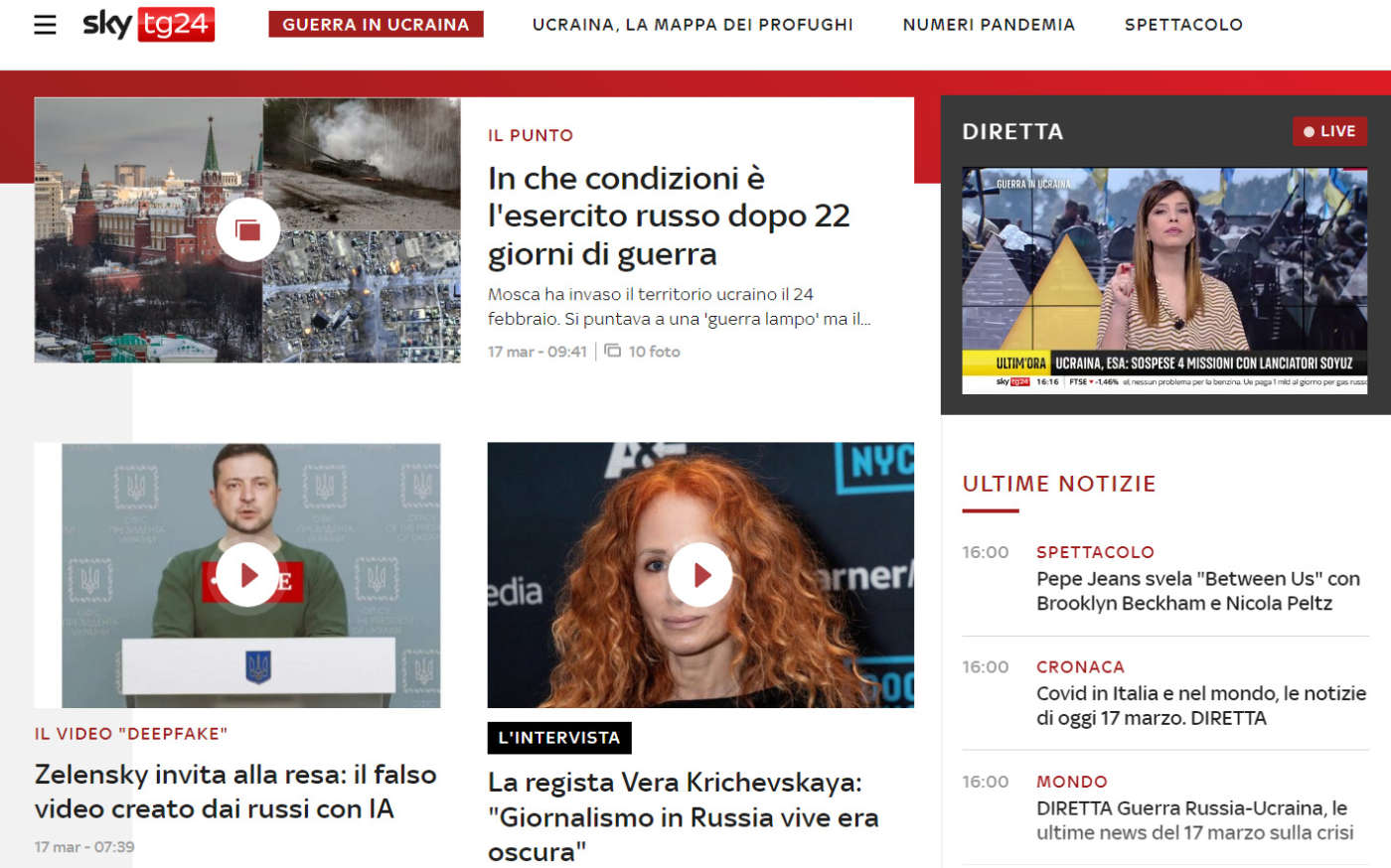 Portale web SkyTG24 con live streaming