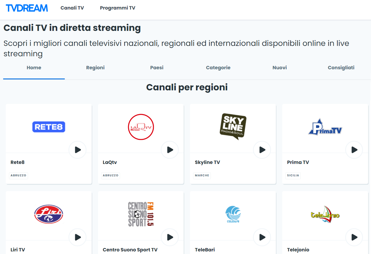 Portale TVDream con canali locali in streaming